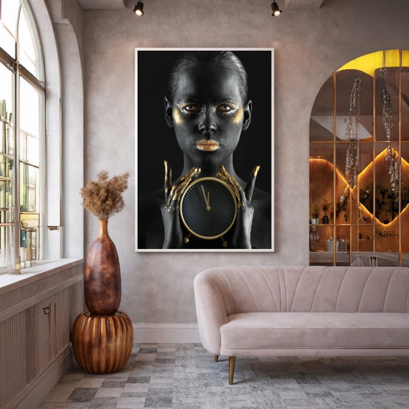 Quadro Canvas Mulher Relógio Tempo Dourado