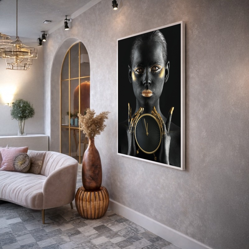 Quadro Canvas Mulher Relógio Tempo Dourado