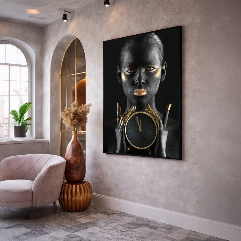 Quadro Canvas Mulher Relógio Tempo Dourado