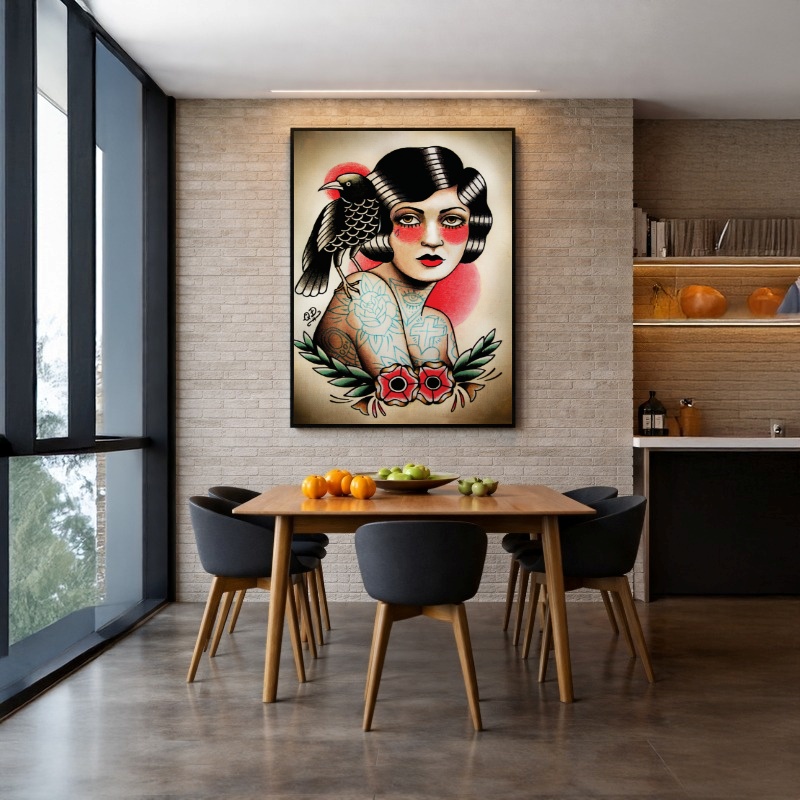 Quadro Canvas Mulher e o Corvo Desenho Pin Up
