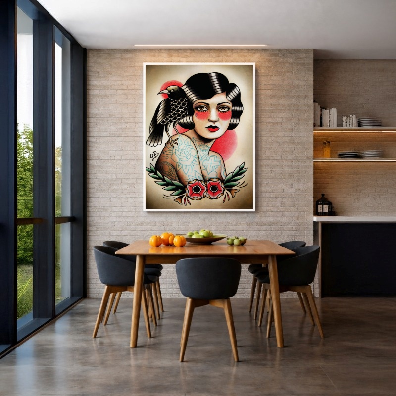 Quadro Canvas Mulher e o Corvo Desenho Pin Up