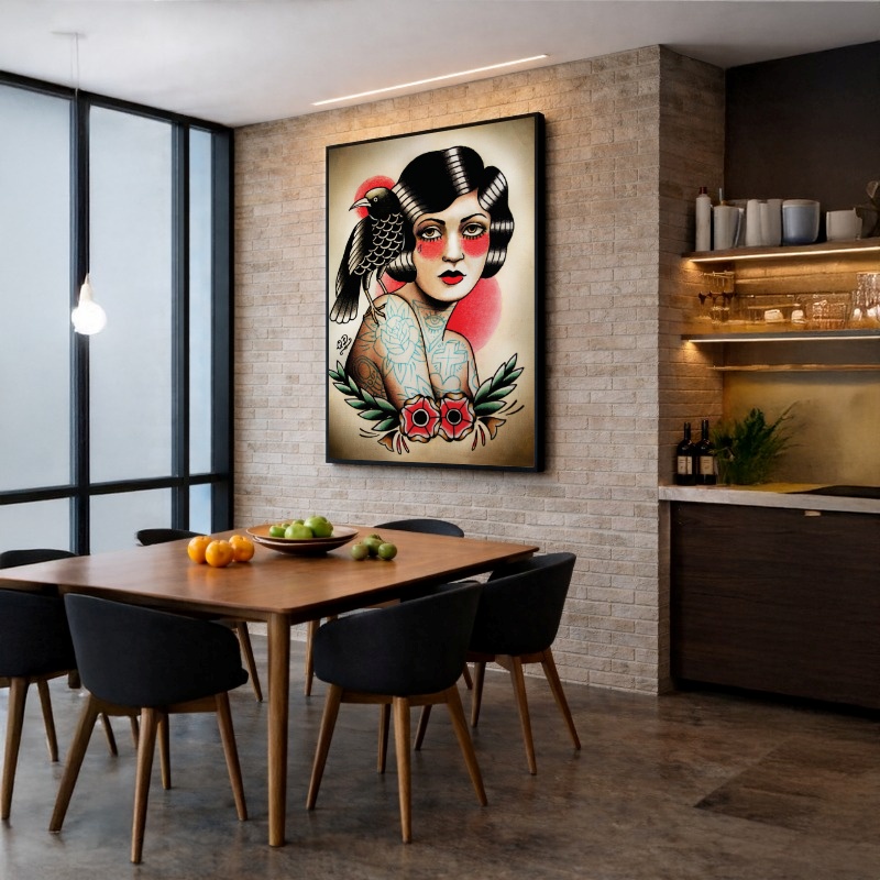 Quadro Canvas Mulher e o Corvo Desenho Pin Up