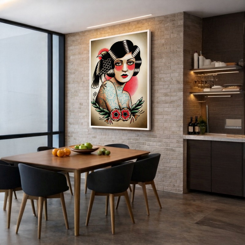 Quadro Canvas Mulher e o Corvo Desenho Pin Up