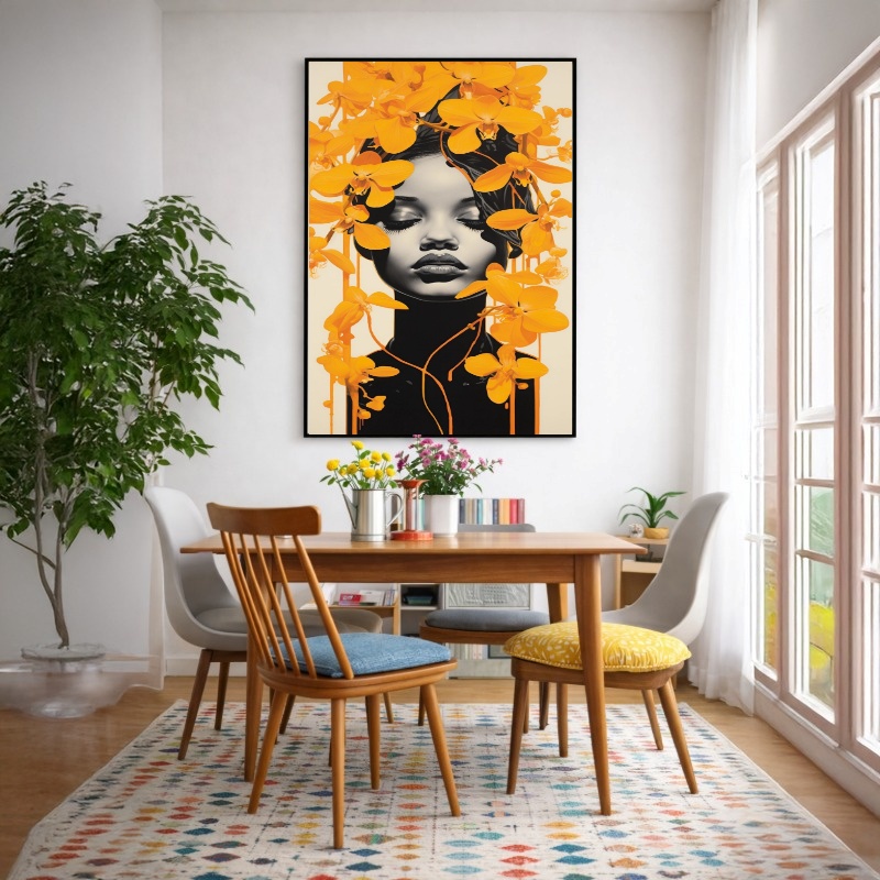 Quadro Canvas Mulher entre Ramos Flores Amarelo