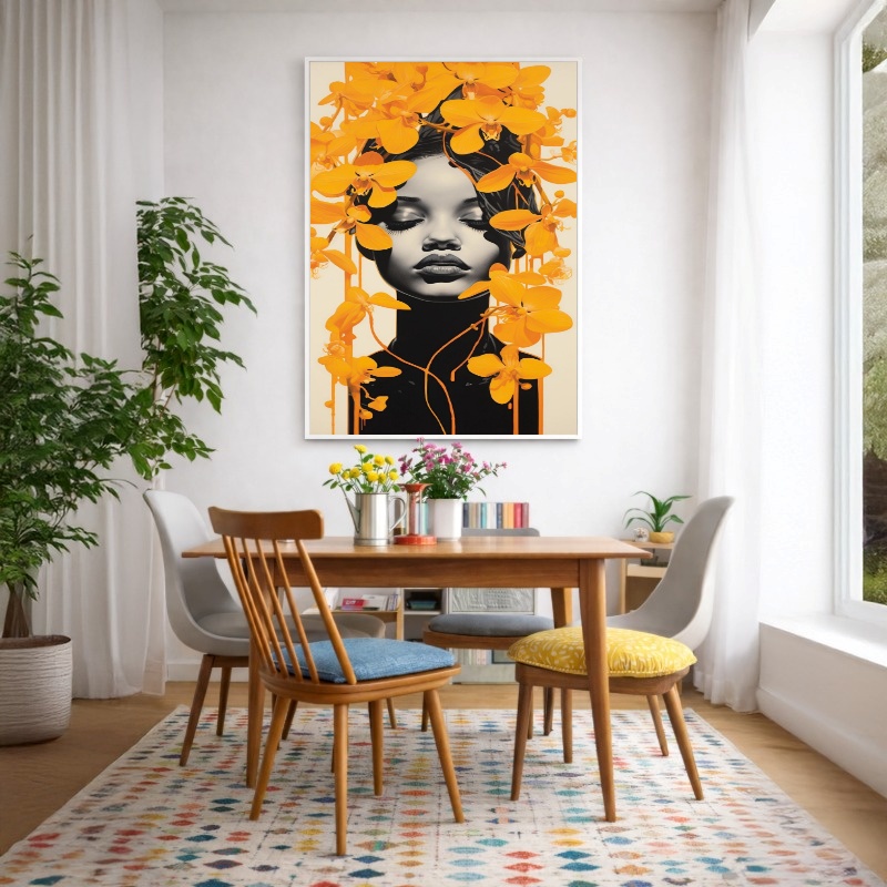 Quadro Canvas Mulher entre Ramos Flores Amarelo