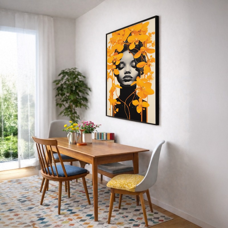 Quadro Canvas Mulher entre Ramos Flores Amarelo