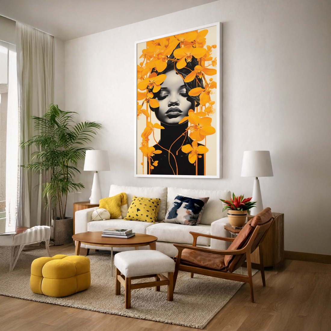 Quadro Canvas Mulher entre Ramos Flores Amarelo