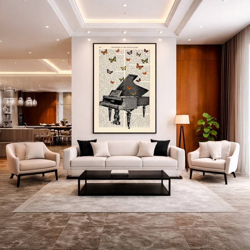 Quadro Canvas Piano e Borboletas fundo Jornal