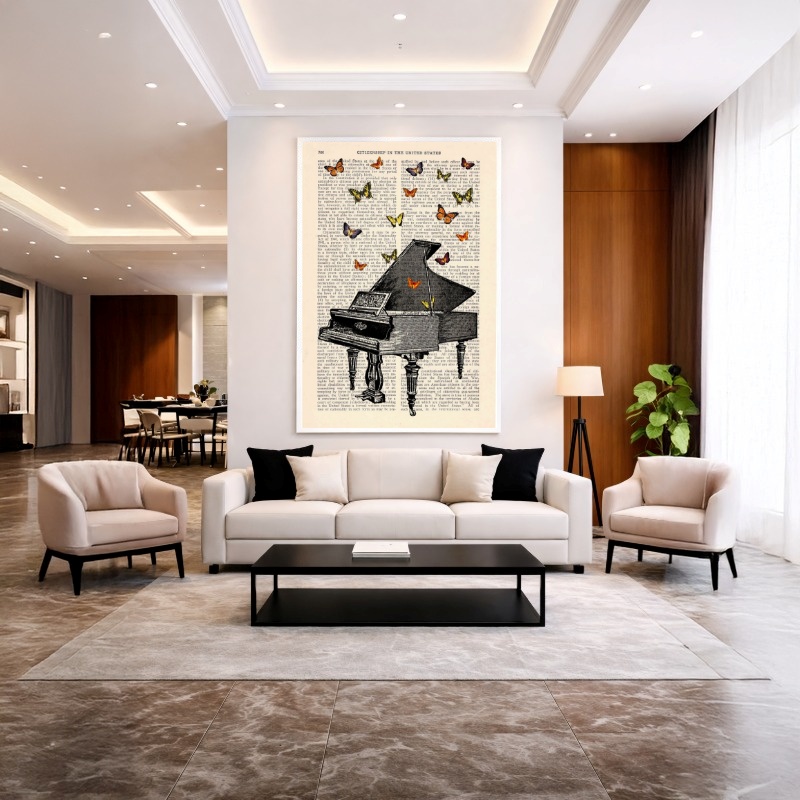 Quadro Canvas Piano e Borboletas fundo Jornal