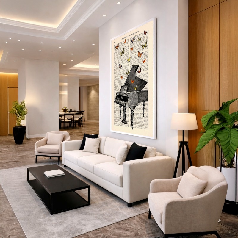 Quadro Canvas Piano e Borboletas fundo Jornal