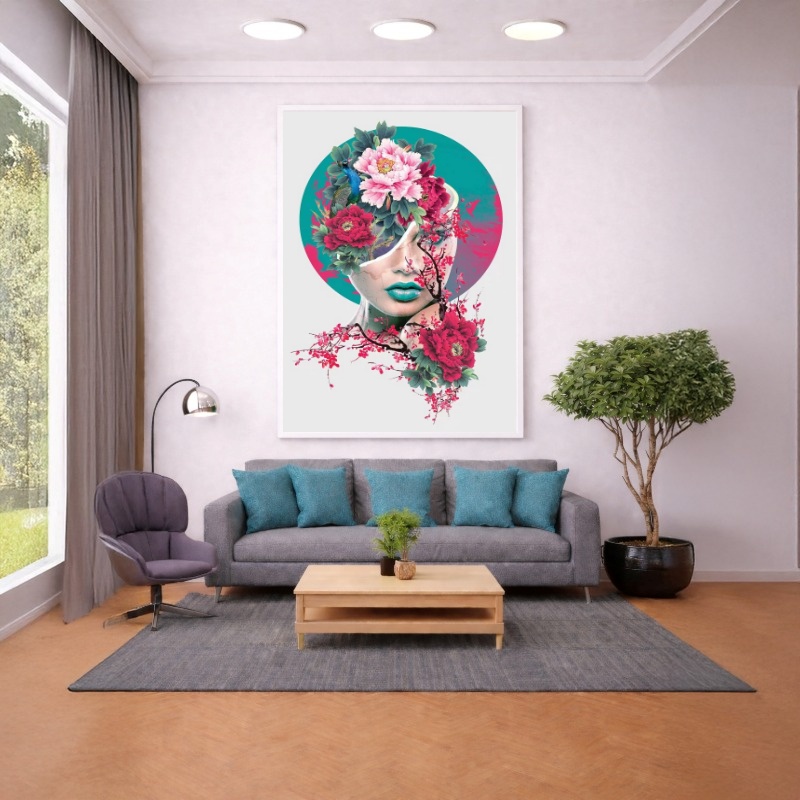Quadro Canvas Rosa Azul Mulher em Flores