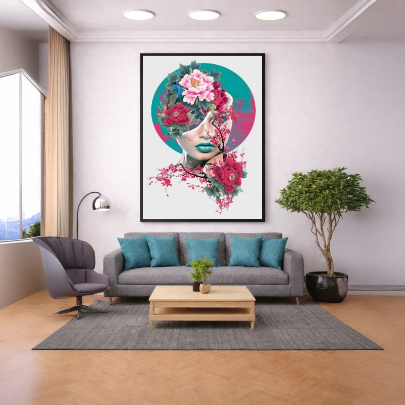 Quadro Canvas Rosa Azul Mulher em Flores