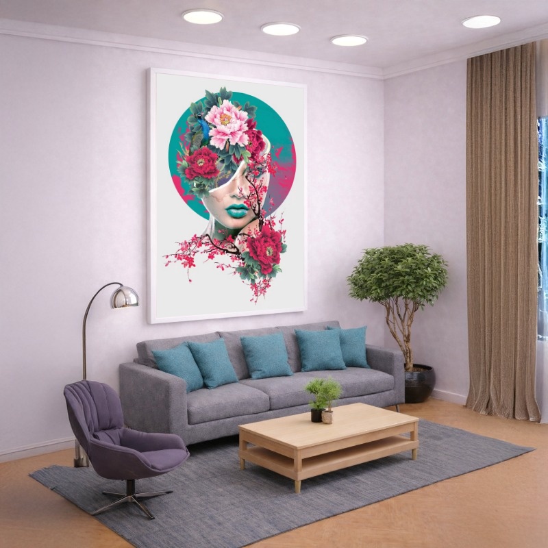 Quadro Canvas Rosa Azul Mulher em Flores