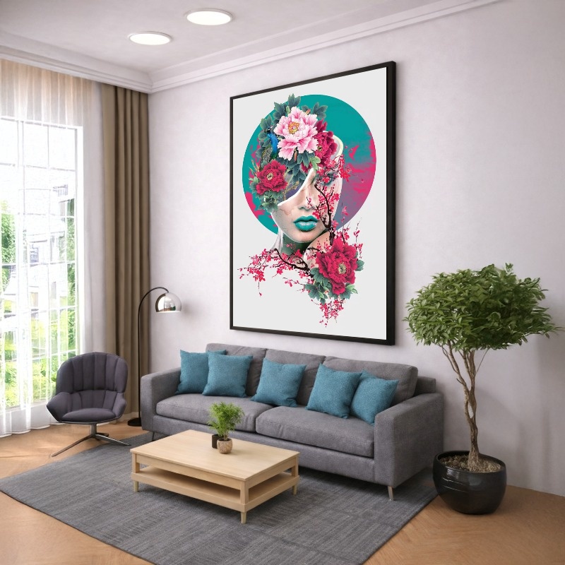 Quadro Canvas Rosa Azul Mulher em Flores