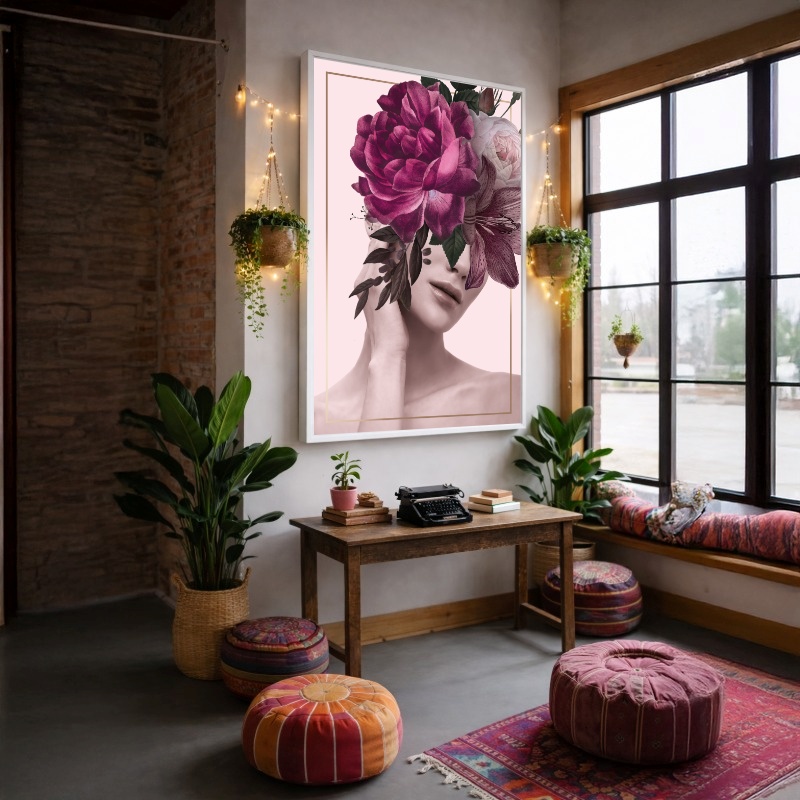 Quadro Canvas Rosa Roxa Mulher Floral