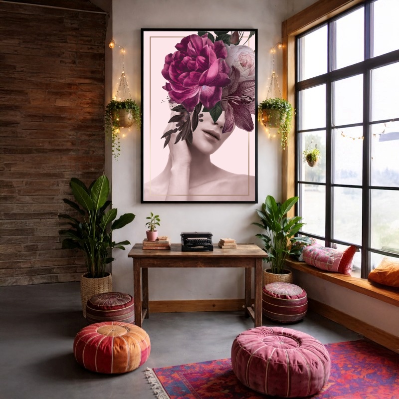 Quadro Canvas Rosa Roxa Mulher Floral