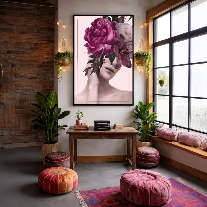 Quadro Canvas Rosa Roxa Mulher Floral