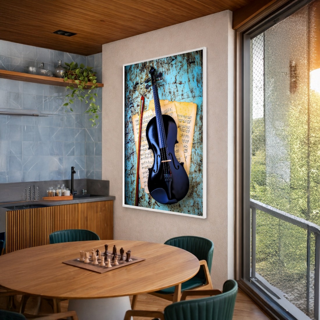 Quadro Canvas Violino Preto com Azul