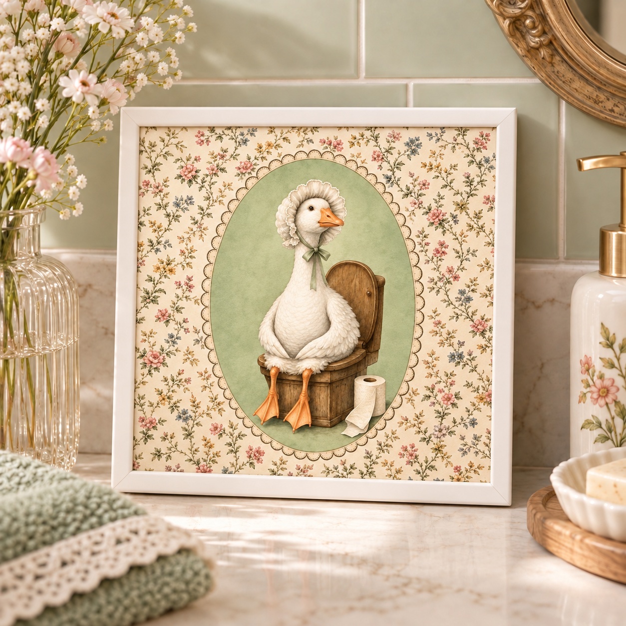Quadro Divertido de Banheiro Pato Vintage - 33x33 Cm