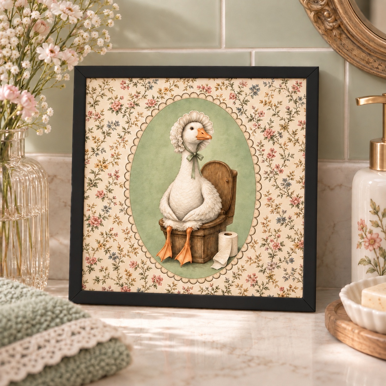 Quadro Divertido de Banheiro Pato Vintage - 33x33 Cm