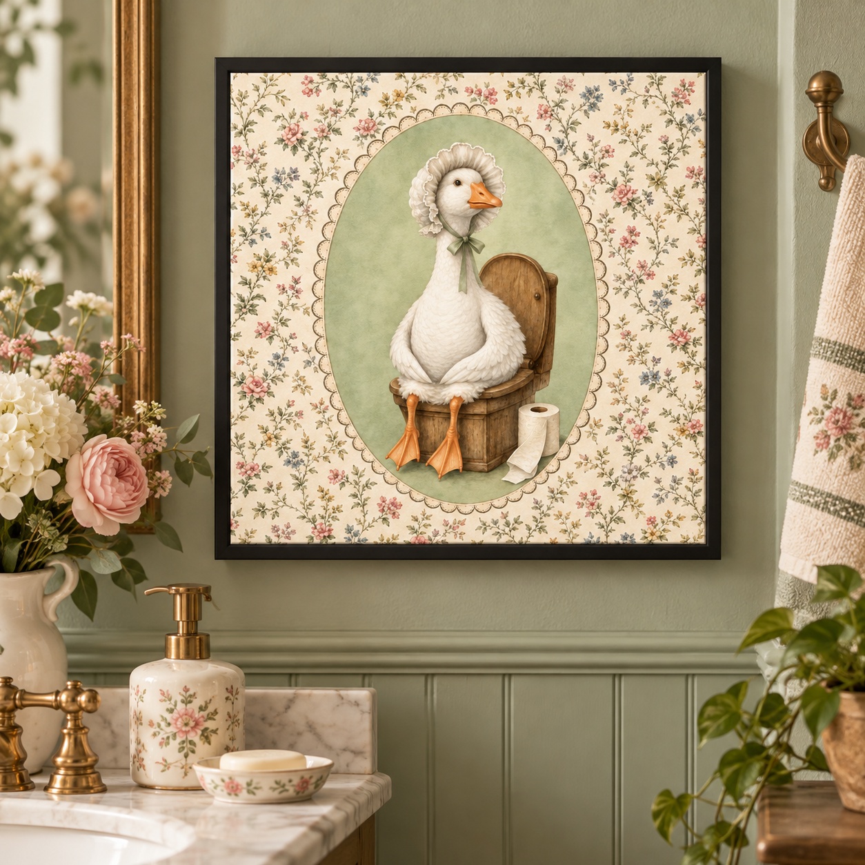 Quadro Divertido de Banheiro Pato Vintage - 33x33 Cm