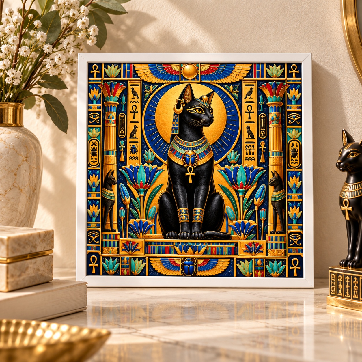 Quadro Egípcio Gato Bastet - 33x33 Cm