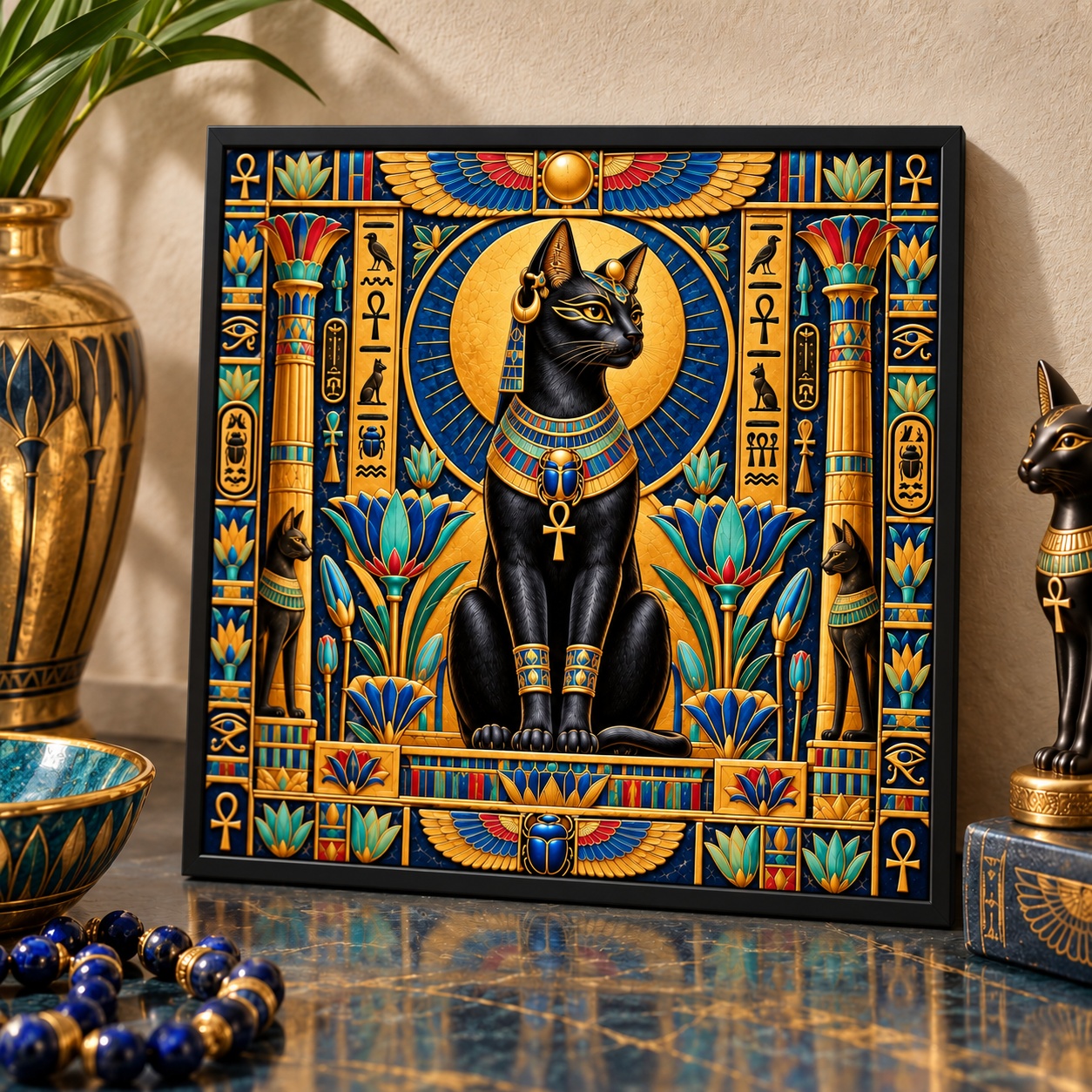 Quadro Egípcio Gato Bastet - 33x33 Cm