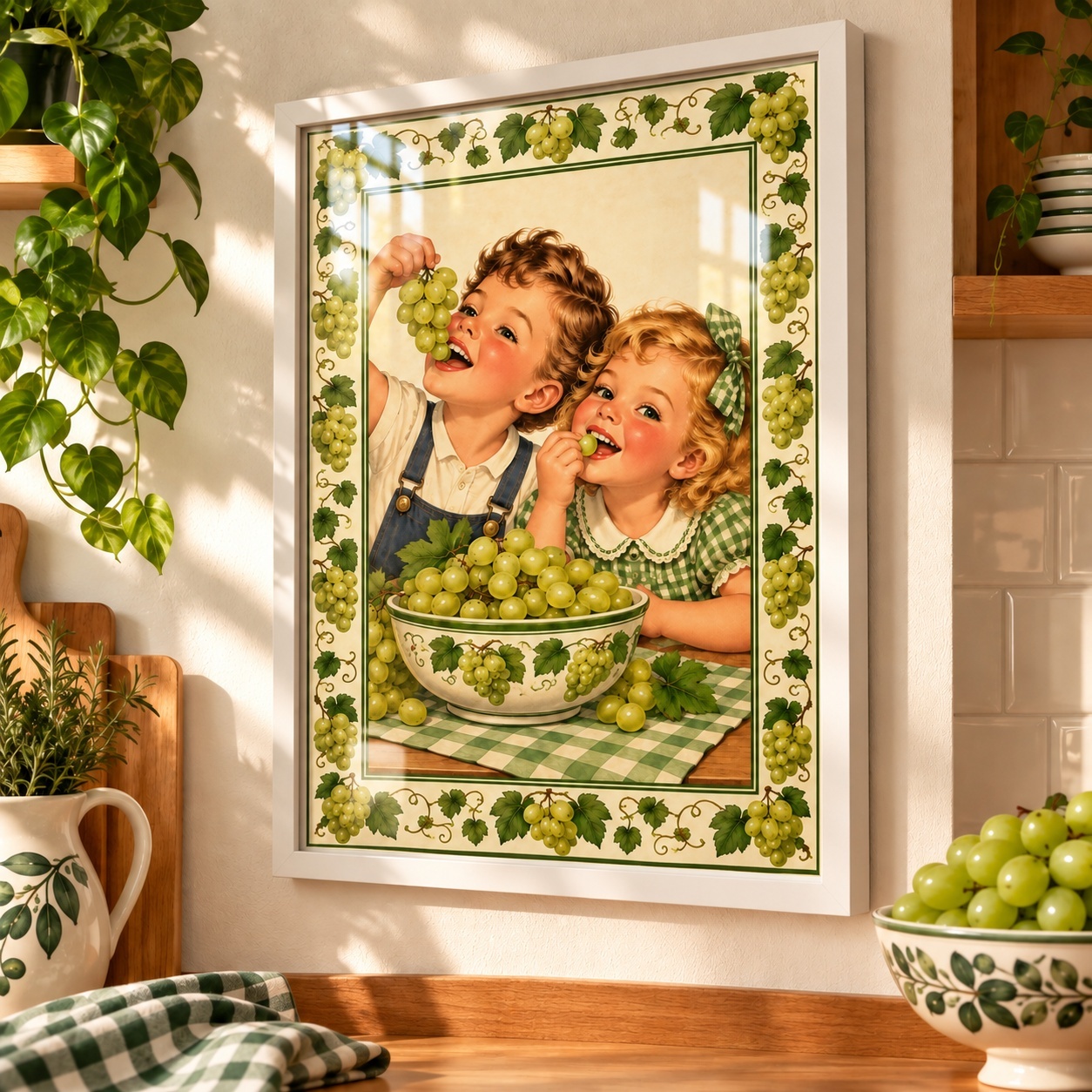 Quadro Para Cozinha Estilo Retrô Uvas Verdes