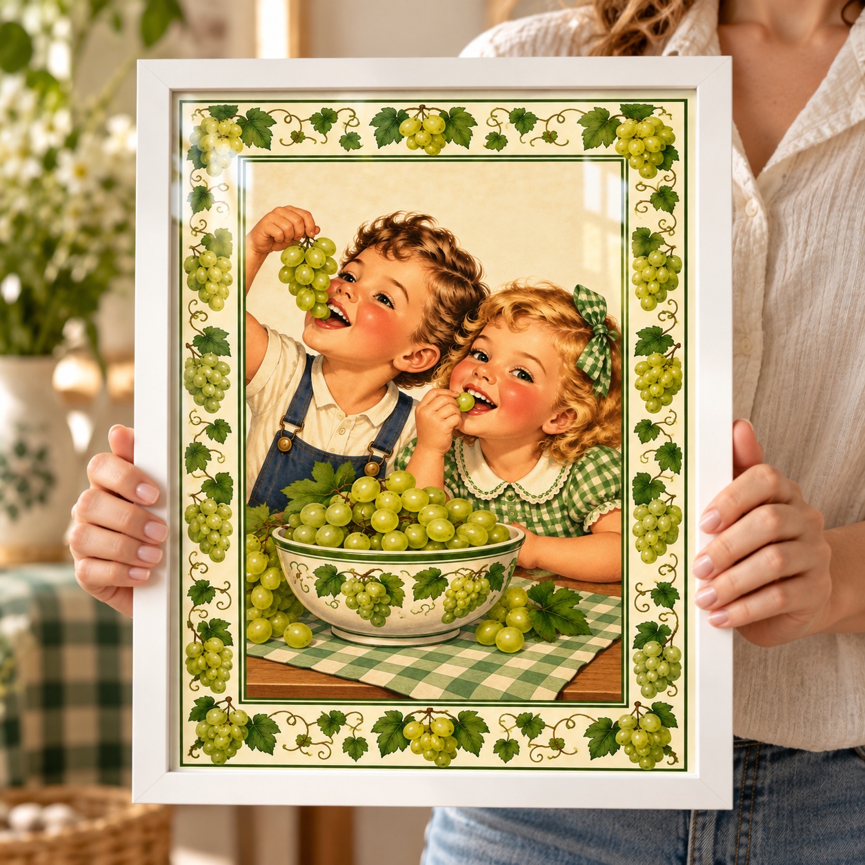 Quadro Para Cozinha Estilo Retrô Uvas Verdes