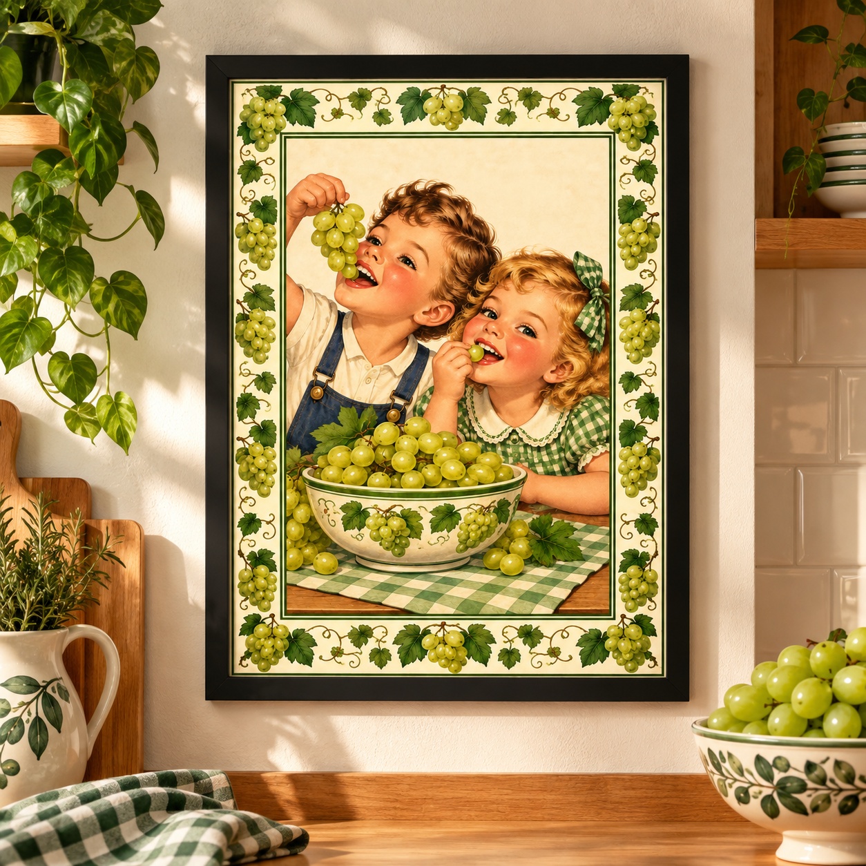 Quadro Para Cozinha Estilo Retrô Uvas Verdes
